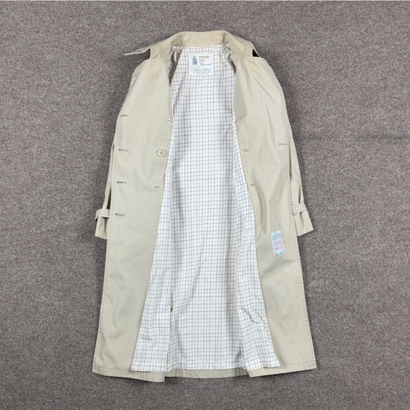 VTG London Fog Tan Double Breasted Belted Long Trench Coat Womens 8P Lightweight - Picture 3 of 14